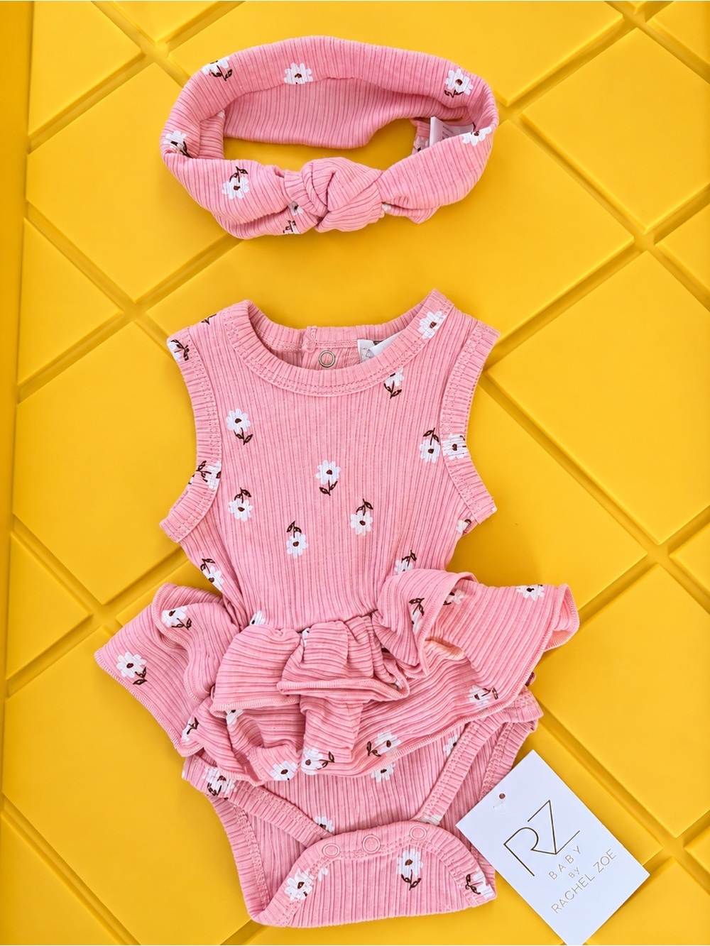 Rachel Zoe Baby Pink Floral Ribbed Ruffle Bodysuit & Headband Set NWT 0–3M